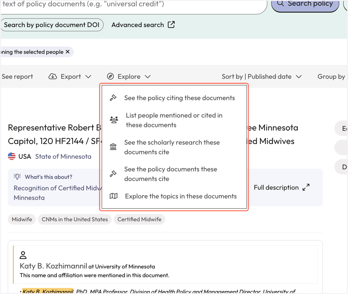 You can also use Explore to see policy citing the current results, or view people, articles, and topics.