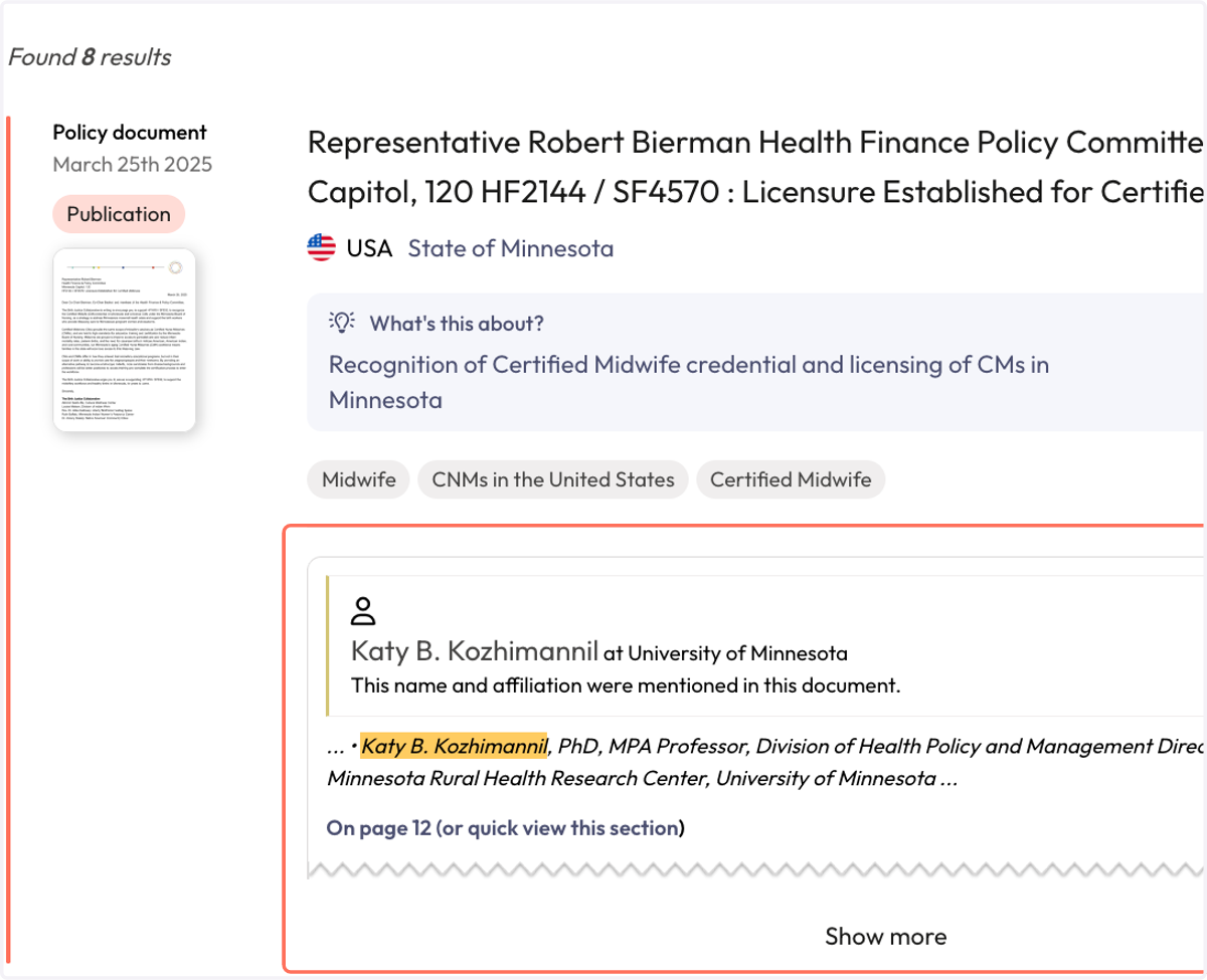 A 'mention' found via the People search is distinguished by the presence of the yellow bar beside the evidence snippet (the thing we found in the policy document).