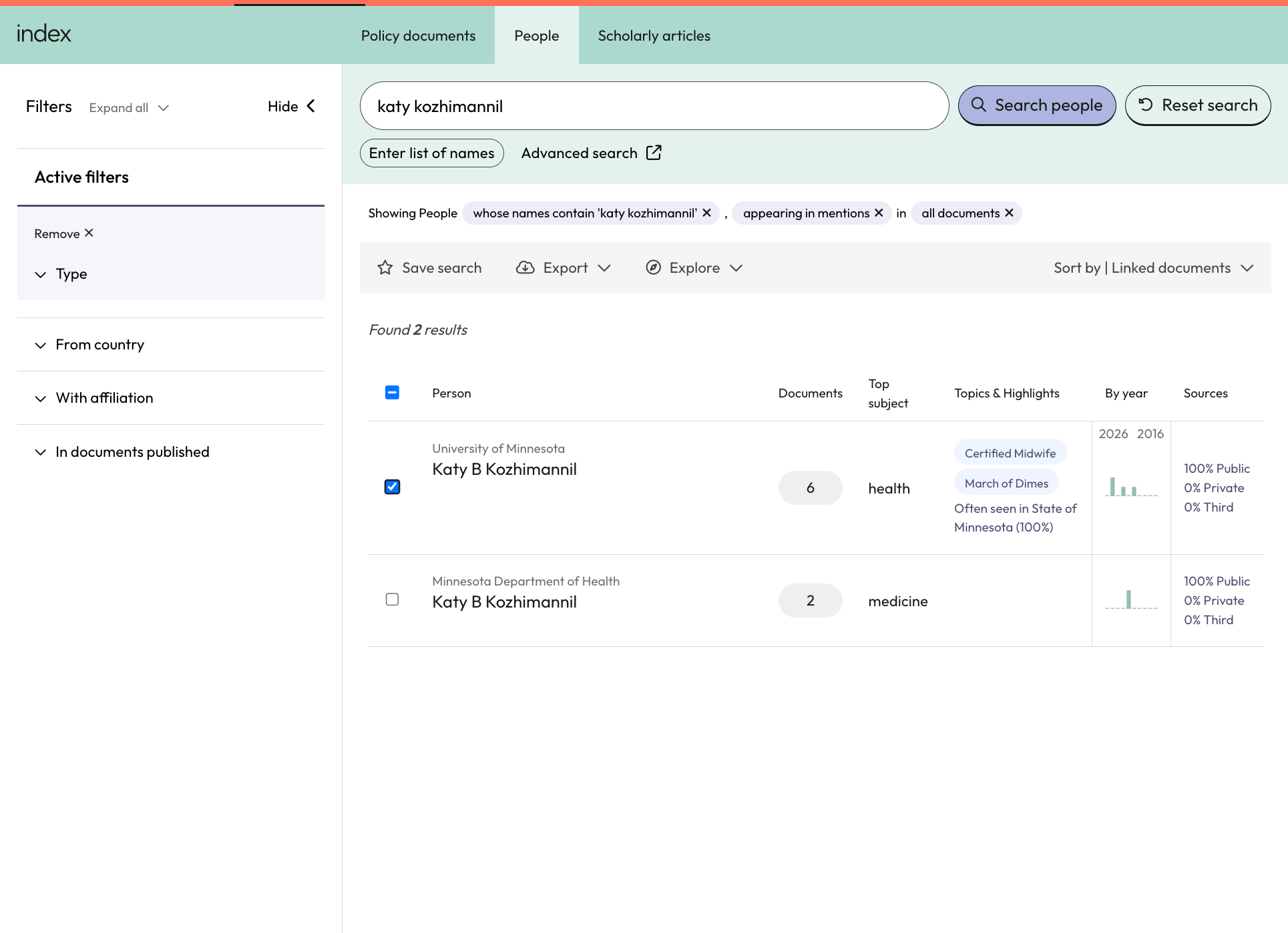 To select specific results, check the box beside the relevant name/affiliation pair.