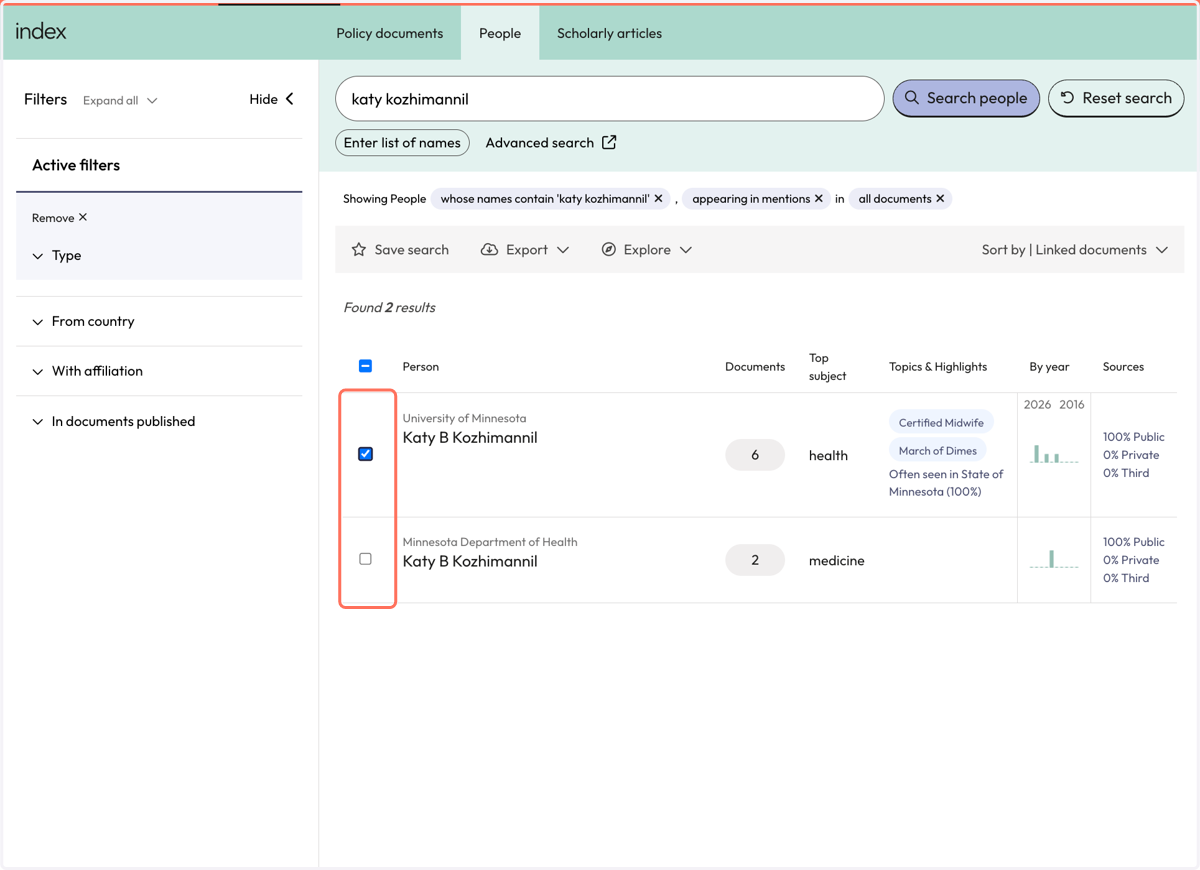 To select specific results, check the box beside the relevant name/affiliation pair.