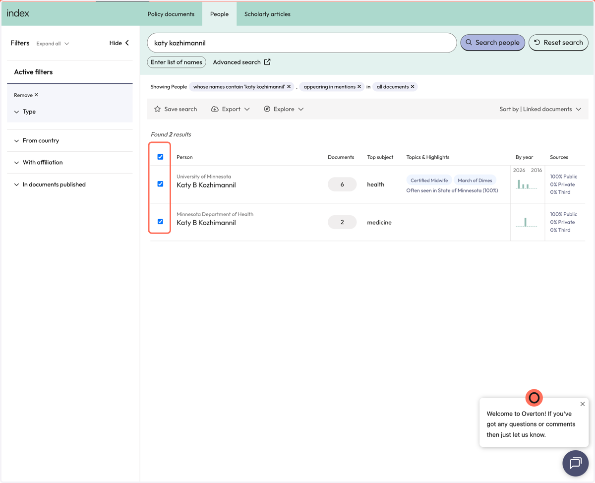 Or, to select all results, click on the checkbox at the top of the results like to select all name/affiliation pairs.