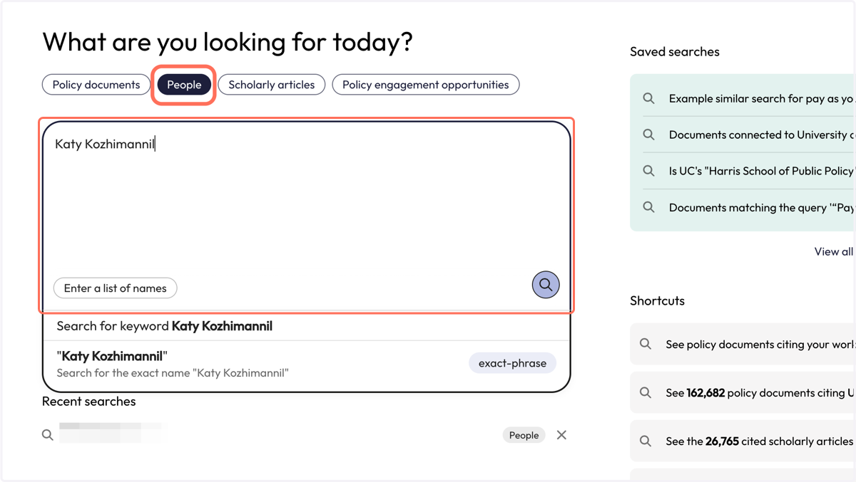 Click on the 'People' tab above the search box, type a name into the search box and click on the purple icon with the magnifying glass (bottom right).