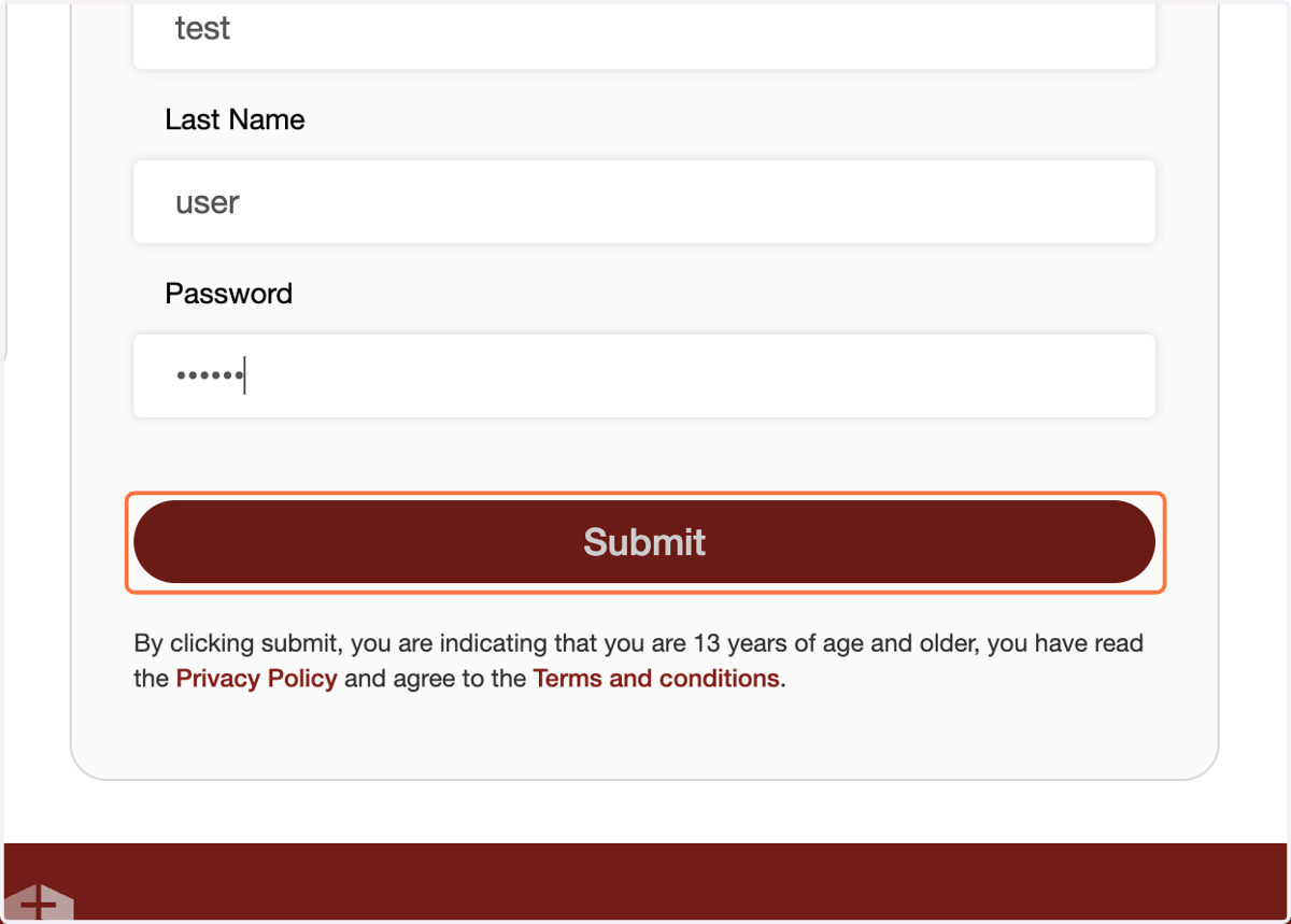 Enter First Name, Last Name and Password and click Submit.