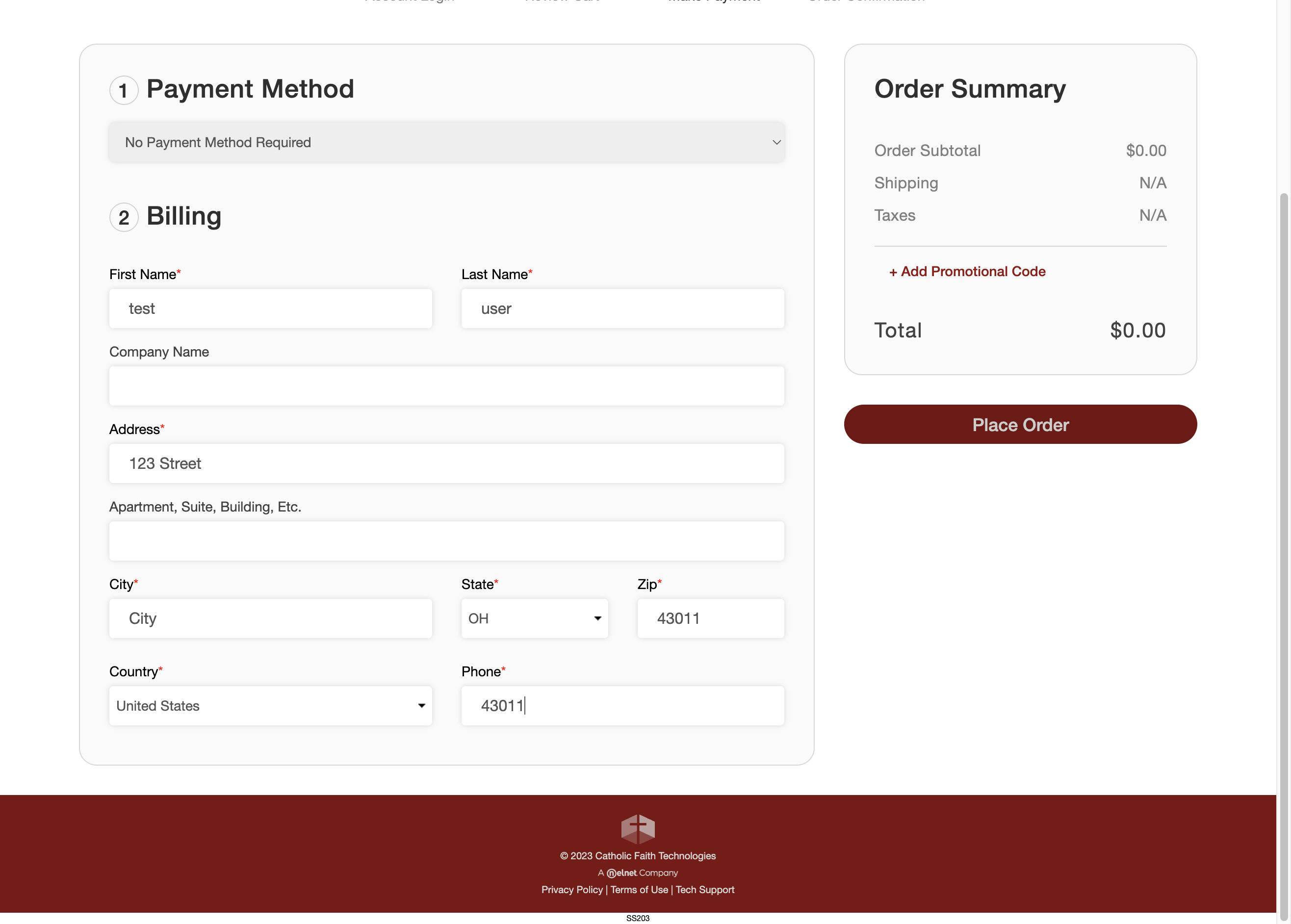 Enter Address, City, State, Zip and Phone and click Place Order.