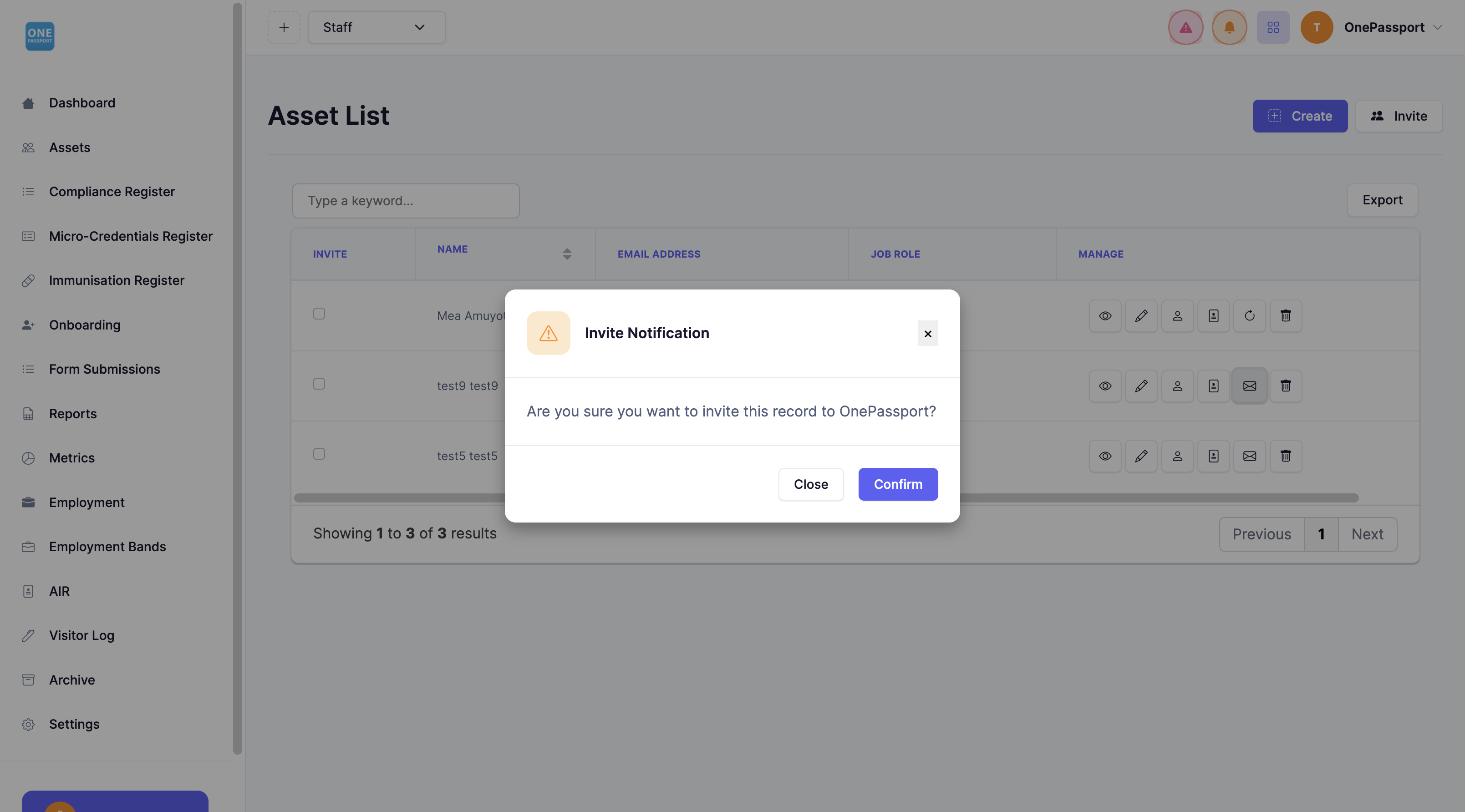 The system will ask for confirmation that you want to invite the employee. Click the Invite button to complete.