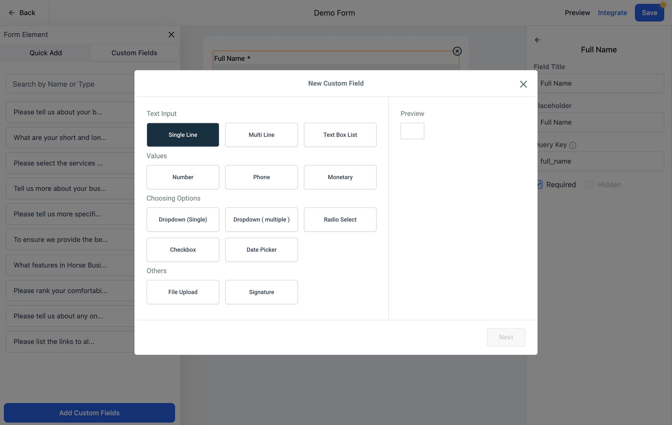 Select the type of field you want to add. An example of the field will show up on the righthand side of the box.