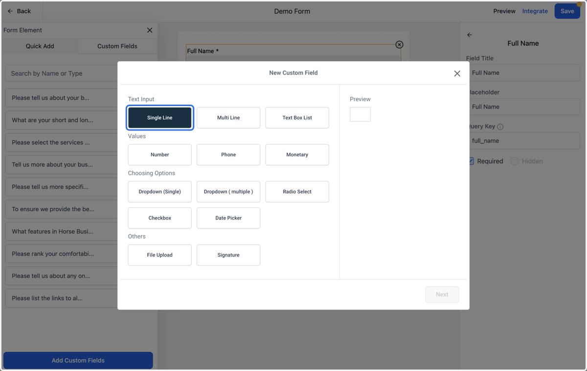 Select the type of field you want to add. An example of the field will show up on the righthand side of the box.