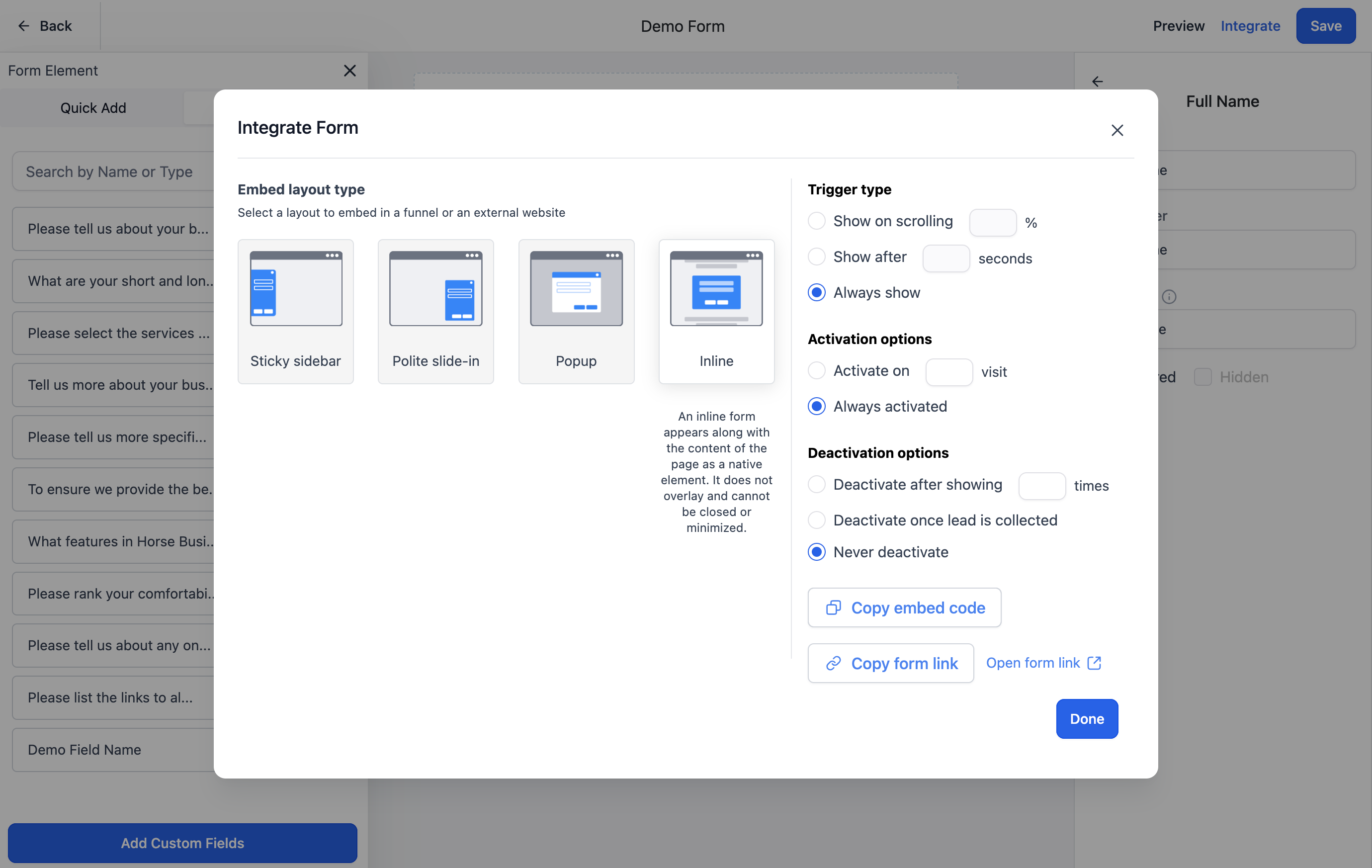 If you want to embed your form directly onto your website, click on Copy embed code.