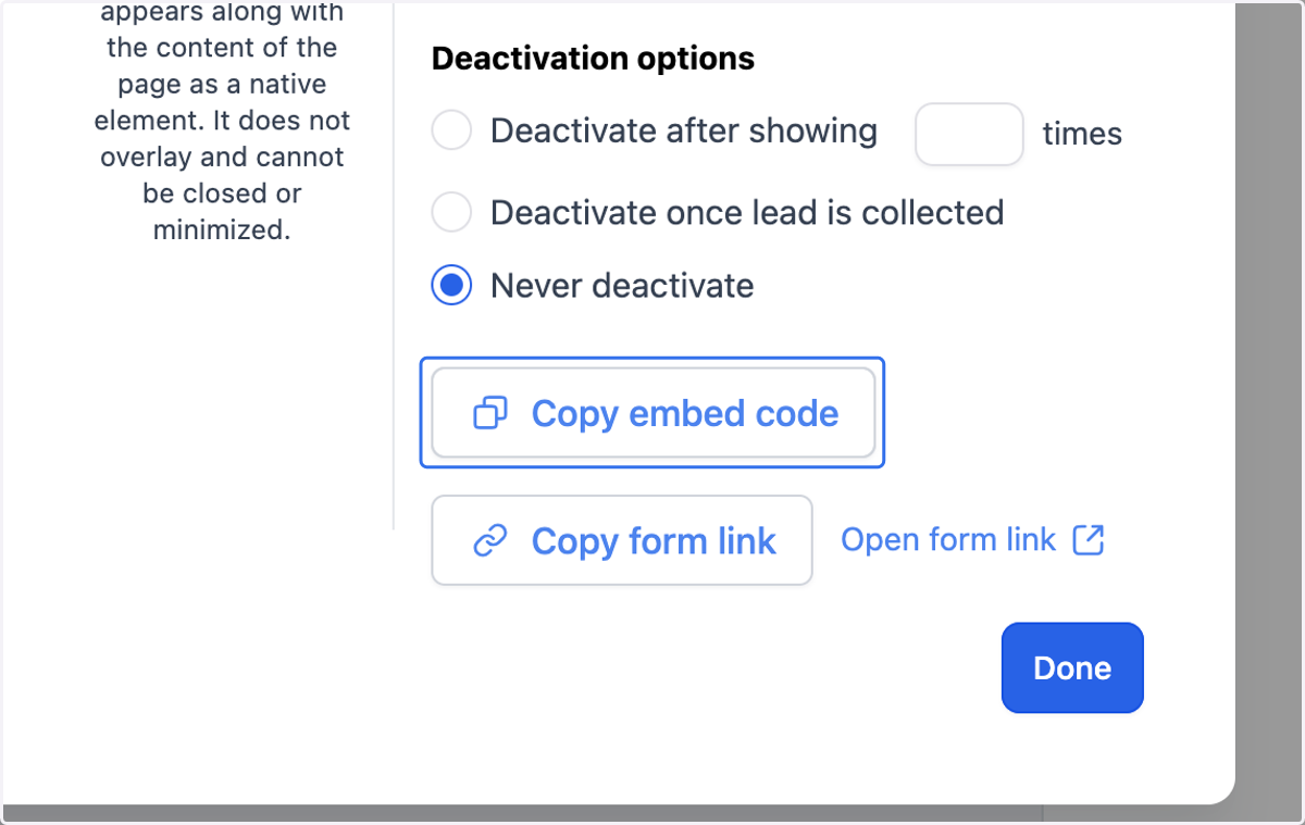 If you want to embed your form directly onto your website, click on Copy embed code.