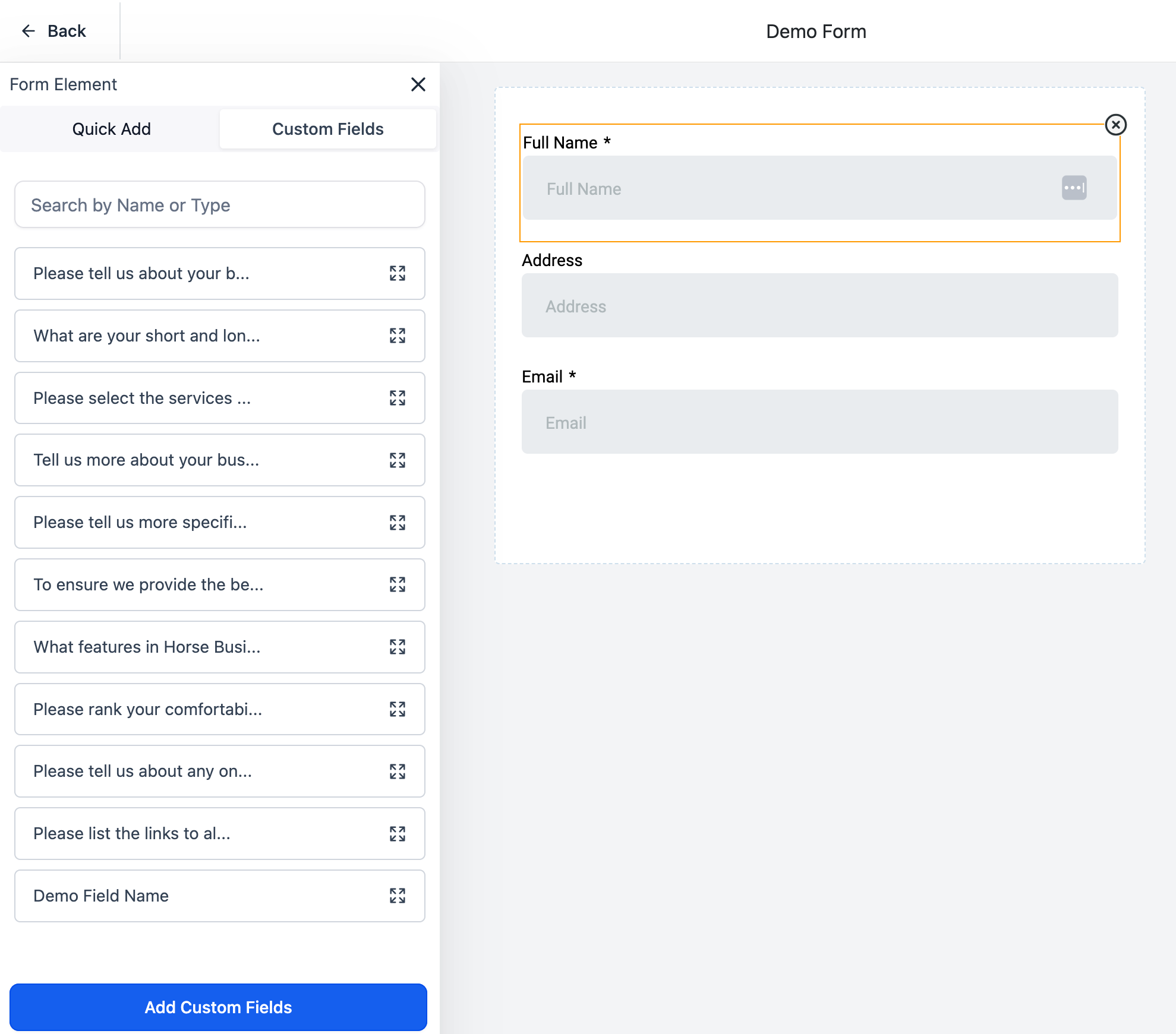 Your new Custom Field will show up at the bottom of the list under the Custom Fields tab. Click and drag it onto your form.