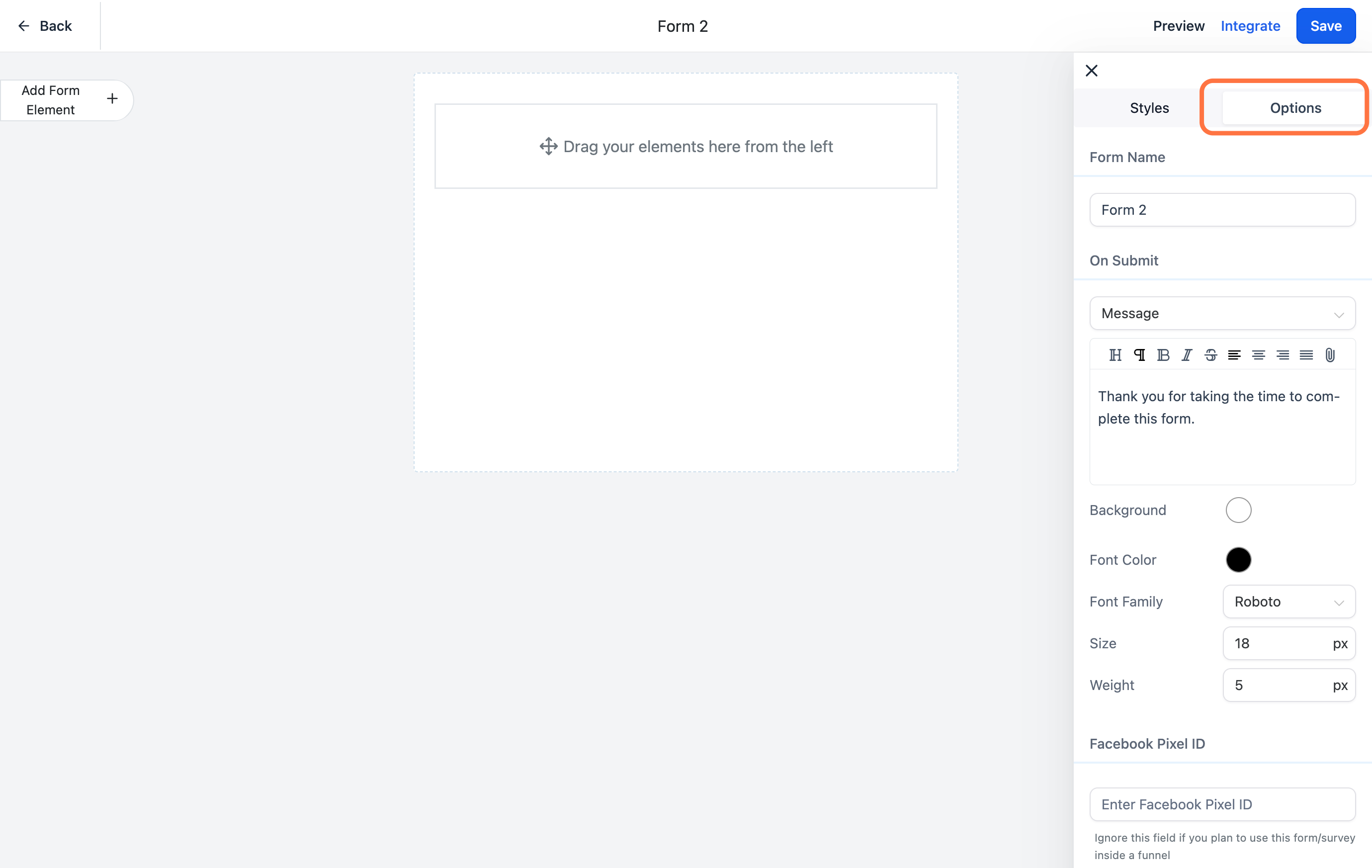 Select the Options tab