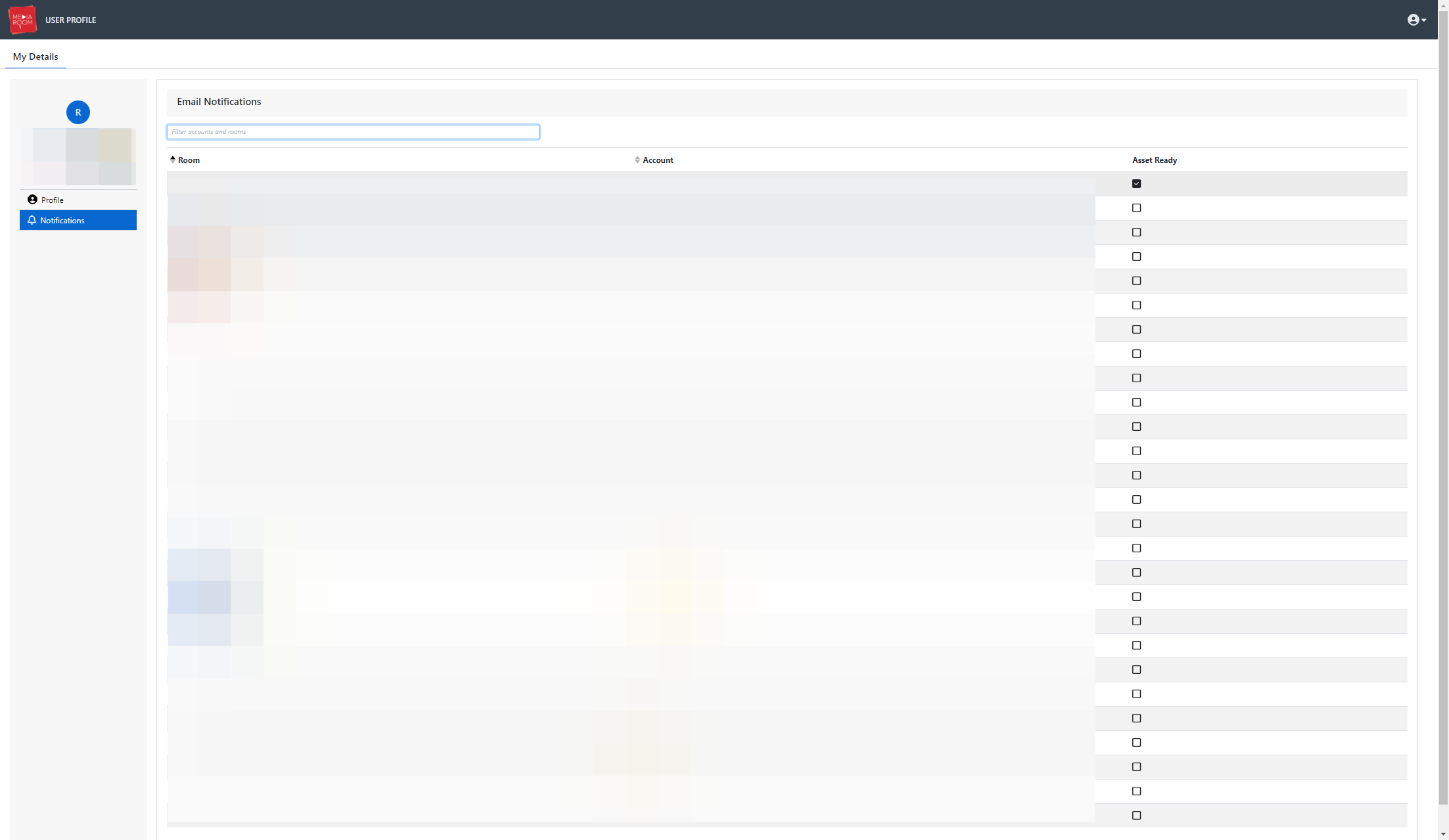 Go through the list of your Media Rooms and select the “Asset Ready” box to start generating email notifications