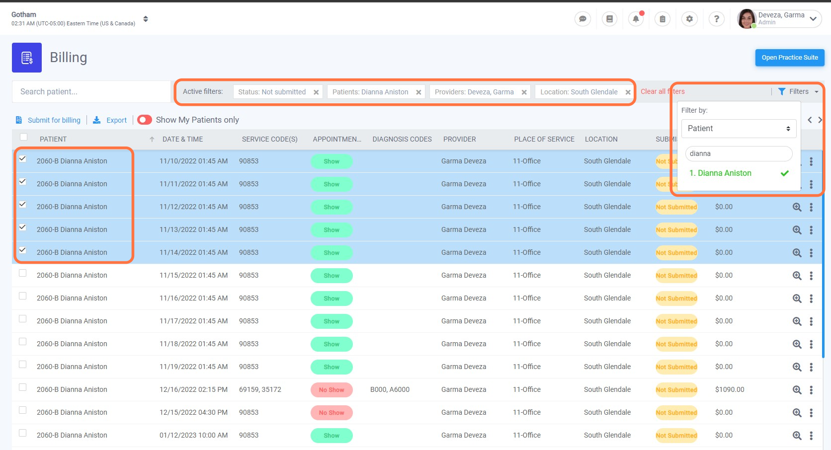 Bulk Submission of charges:  You can utilize the filtering option and select a specific category or combine filter categories to search for charges you wish to submit. Select from the lists by putting a tick  mark on the checkbox.