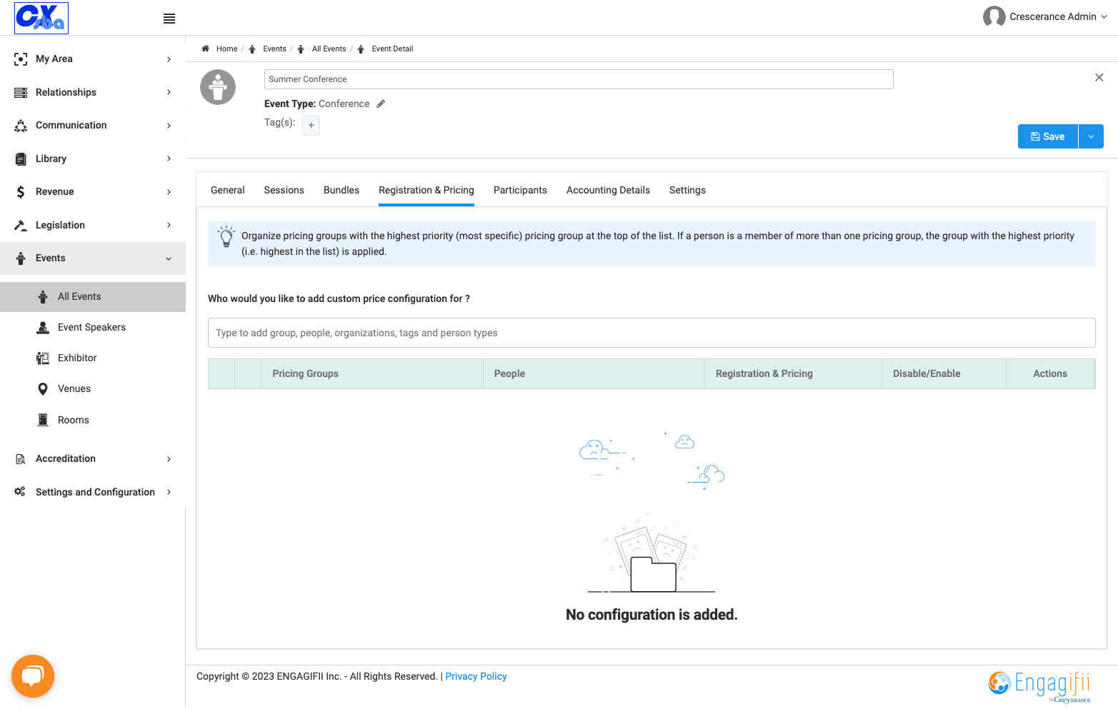 Click on Type to add group, people, organizations, tags and person types to create your pricing rules