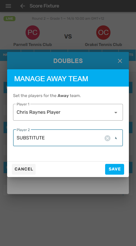 This is a doubles match, select a player in each drop down box
