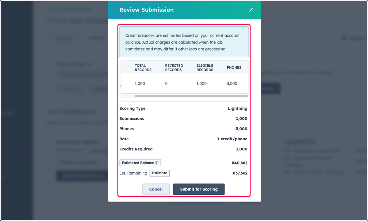 Review details of the list submission, including number of records, number of phones, scoring type, credits required and estimate balances