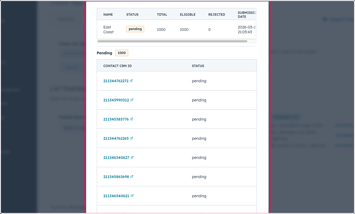 This modal will update real-time upon refresh once contacts are scored and sent via the webhook.