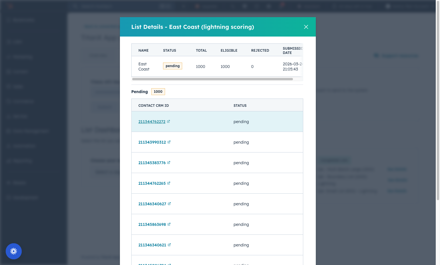 You can click on individual CRM ID's to view the details and status of any individual contact