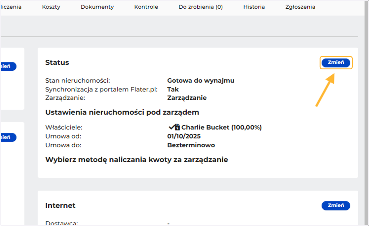 Wejdź na nieruchomość i kliknij Zmień
