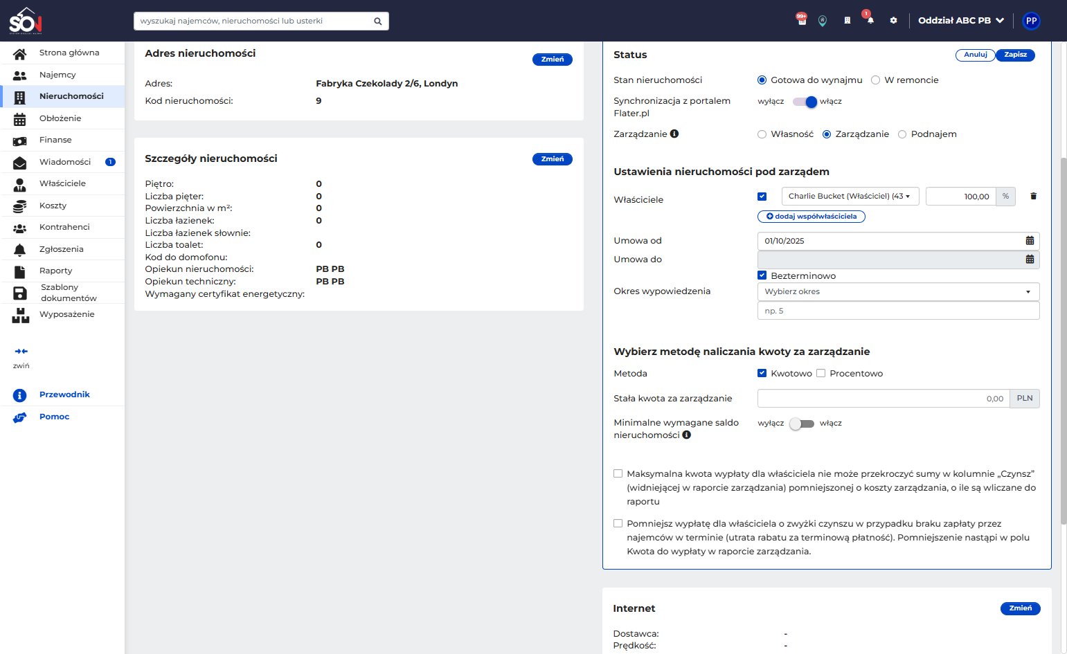 Wybierz tę opcję, jeśli rozliczasz się z właścicielem stałą kwotą za zarządzanie.