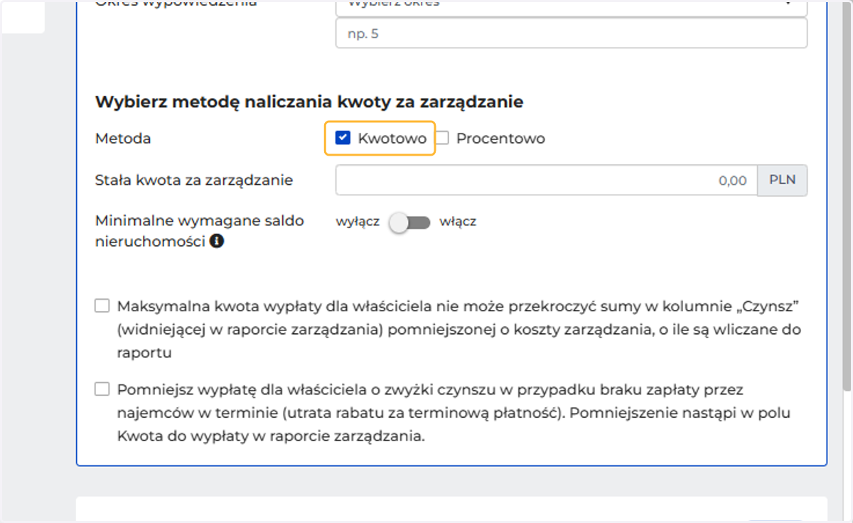 Wybierz tę opcję, jeśli rozliczasz się z właścicielem stałą kwotą za zarządzanie.