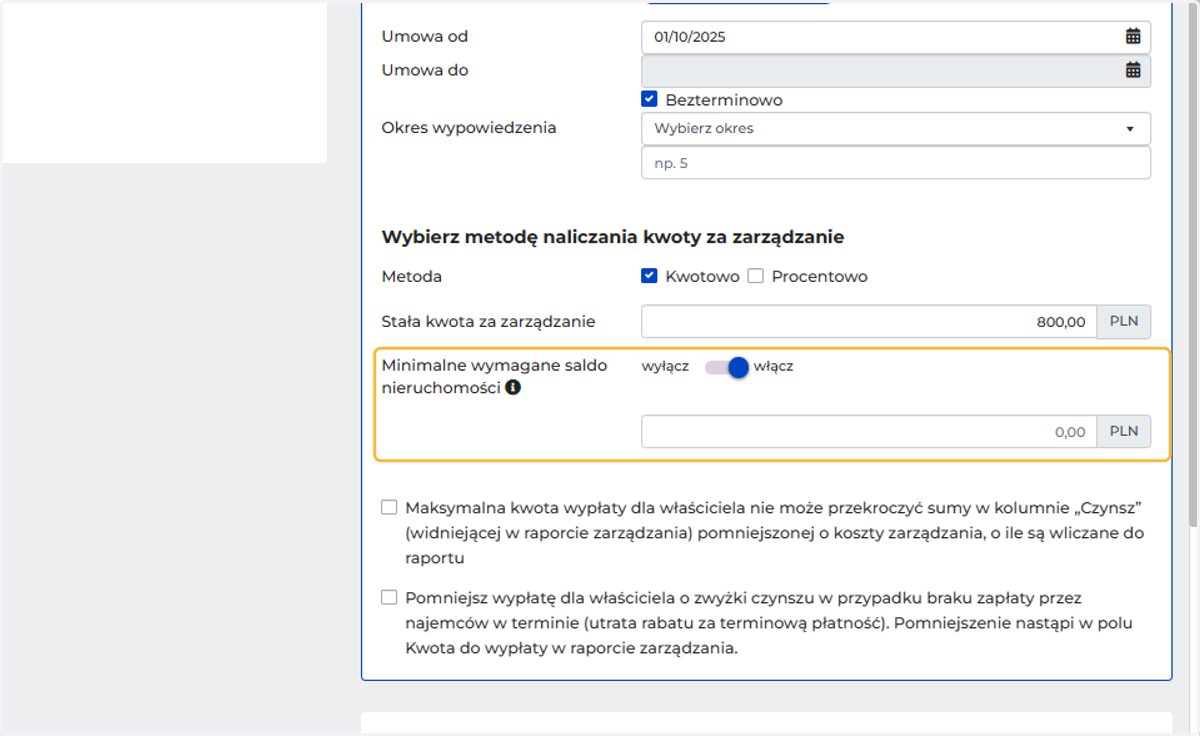 Możesz ustawić minimalne wymagane saldo na nieruchomości. System będzie pilnował, aby na nieruchomości zawsze zostawała wskazana nadwyżka (bufor)
