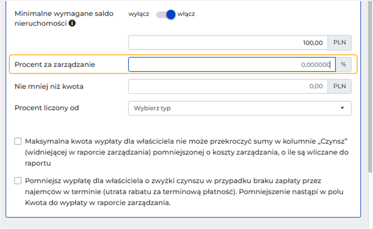 Uzupełnij procent za zarządzanie