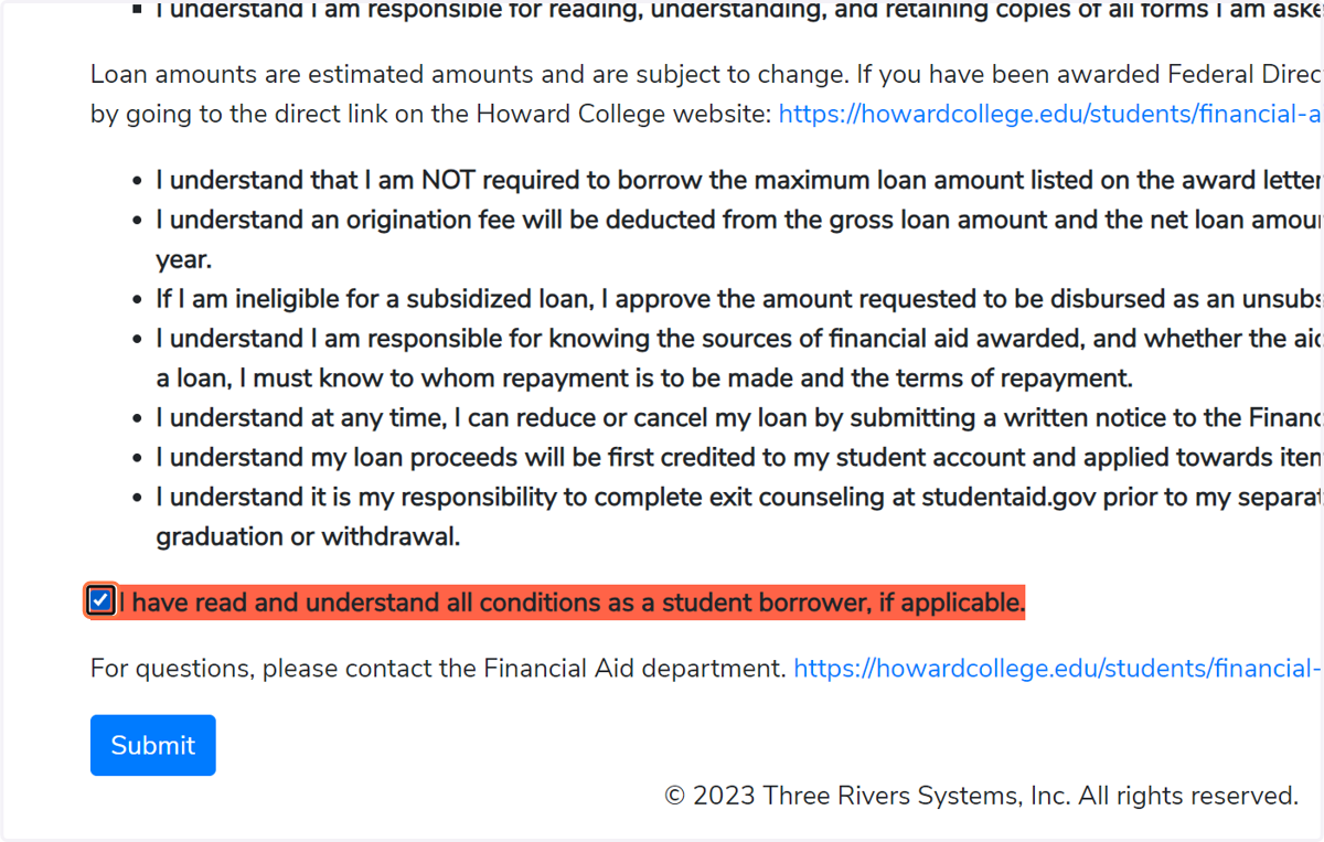 Once you've read the terms and conditions, check the "I have read and understand...." box.
