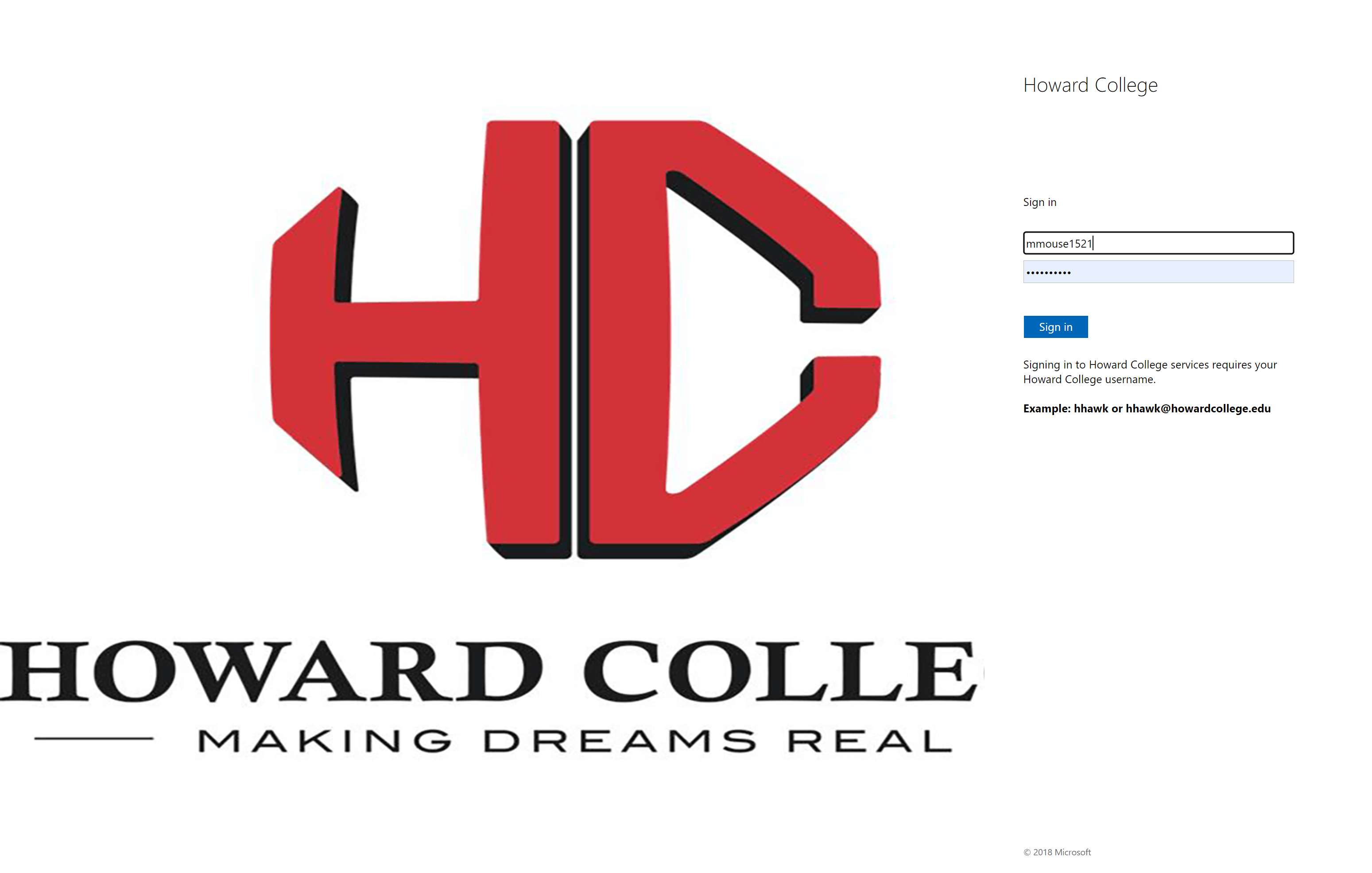 Enter your username. This is the same username you use for other technology services with Howard College.