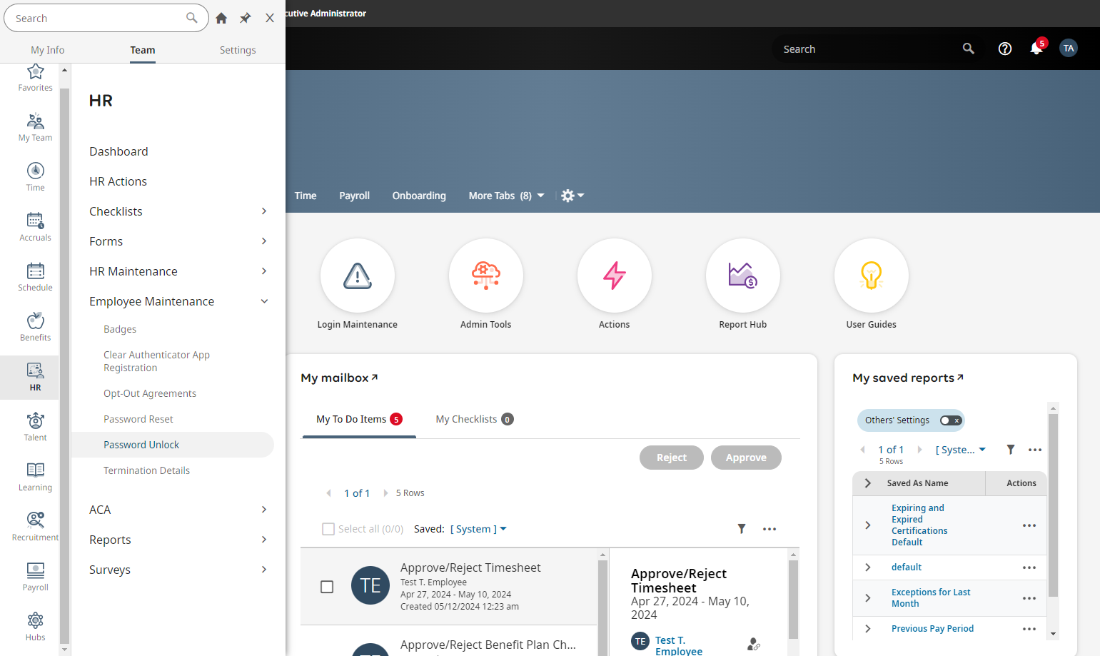 From the Menu, go to the Team tab > HR > Employee Maintenance > Password Unlock