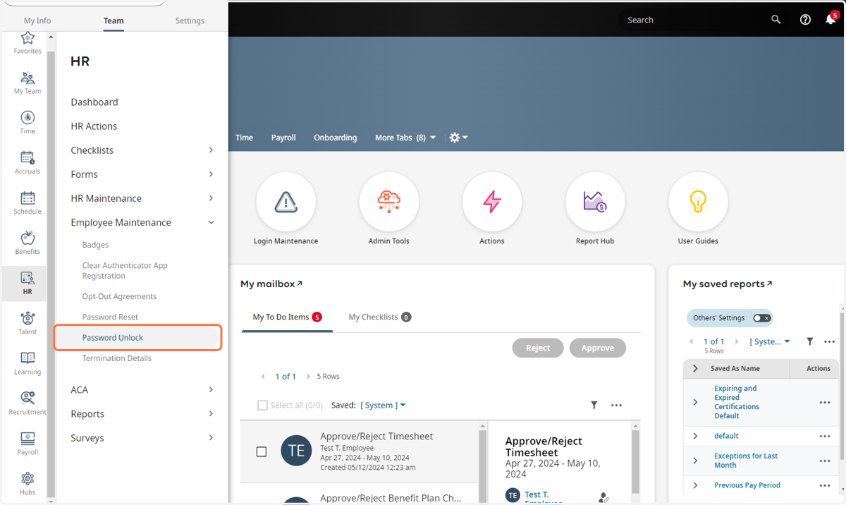 From the Menu, go to the Team tab > HR > Employee Maintenance > Password Unlock