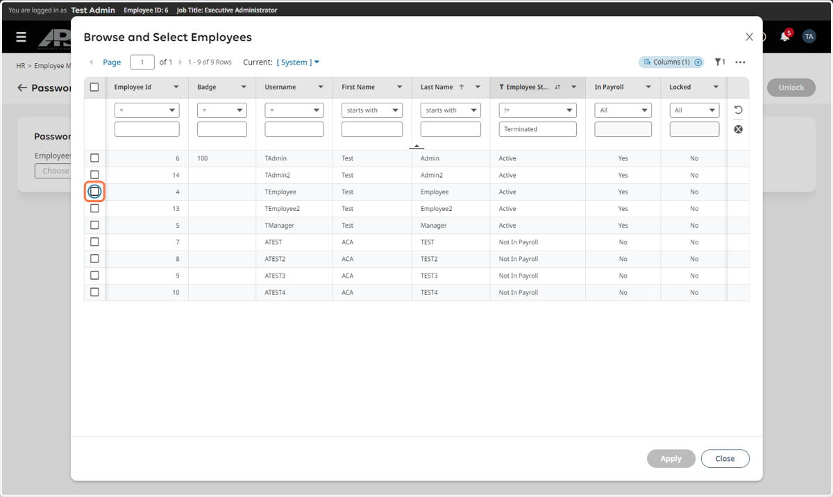 Click the checkbox for the employee(s)