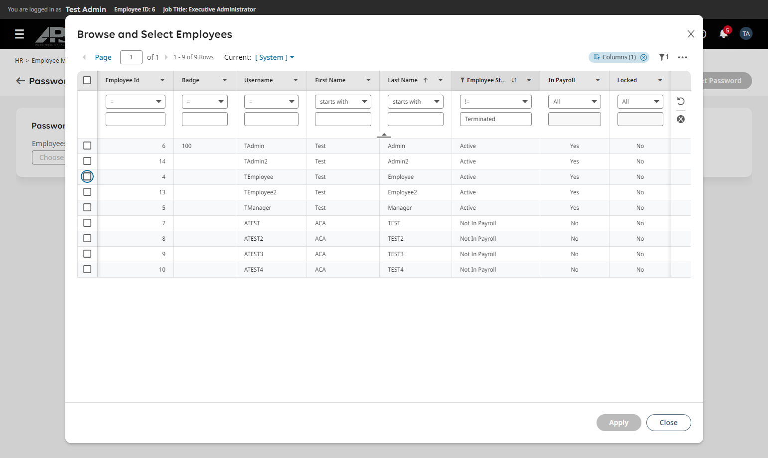 Click the checkbox for the employee(s)