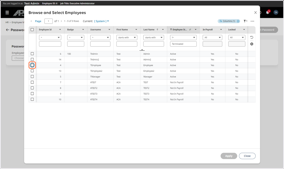 Click the checkbox for the employee(s)