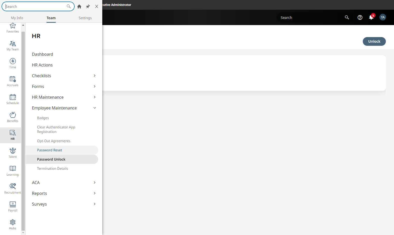 From the Menu, go to the Team tab > HR > Employee Maintenance > Password Reset