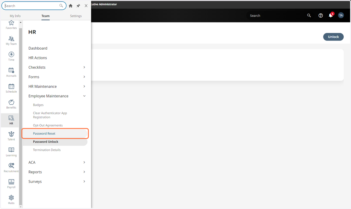 From the Menu, go to the Team tab > HR > Employee Maintenance > Password Reset