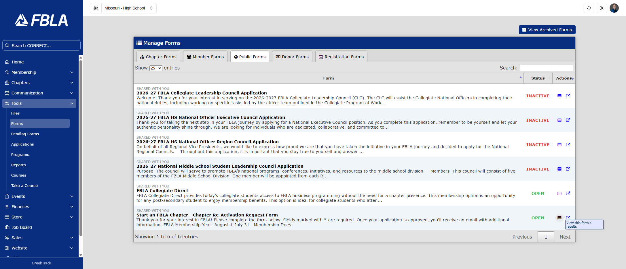 A. Click on Start an FBLA Chapter - Chapter Re-Activation Request From B. Click on the grid to view submissions