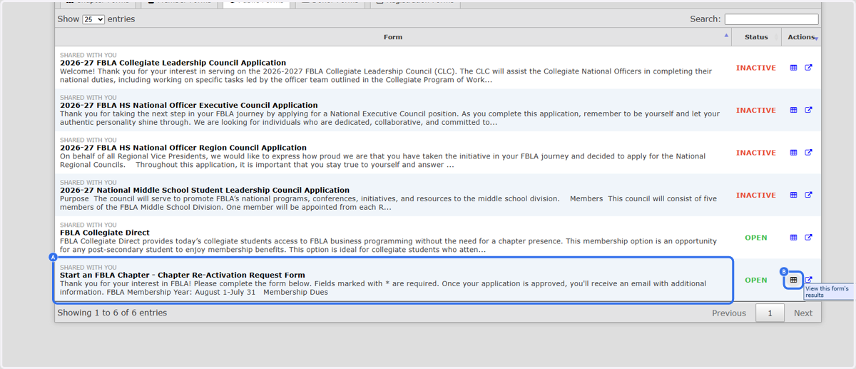 A. Click on Start an FBLA Chapter - Chapter Re-Activation Request From B. Click on the grid to view submissions