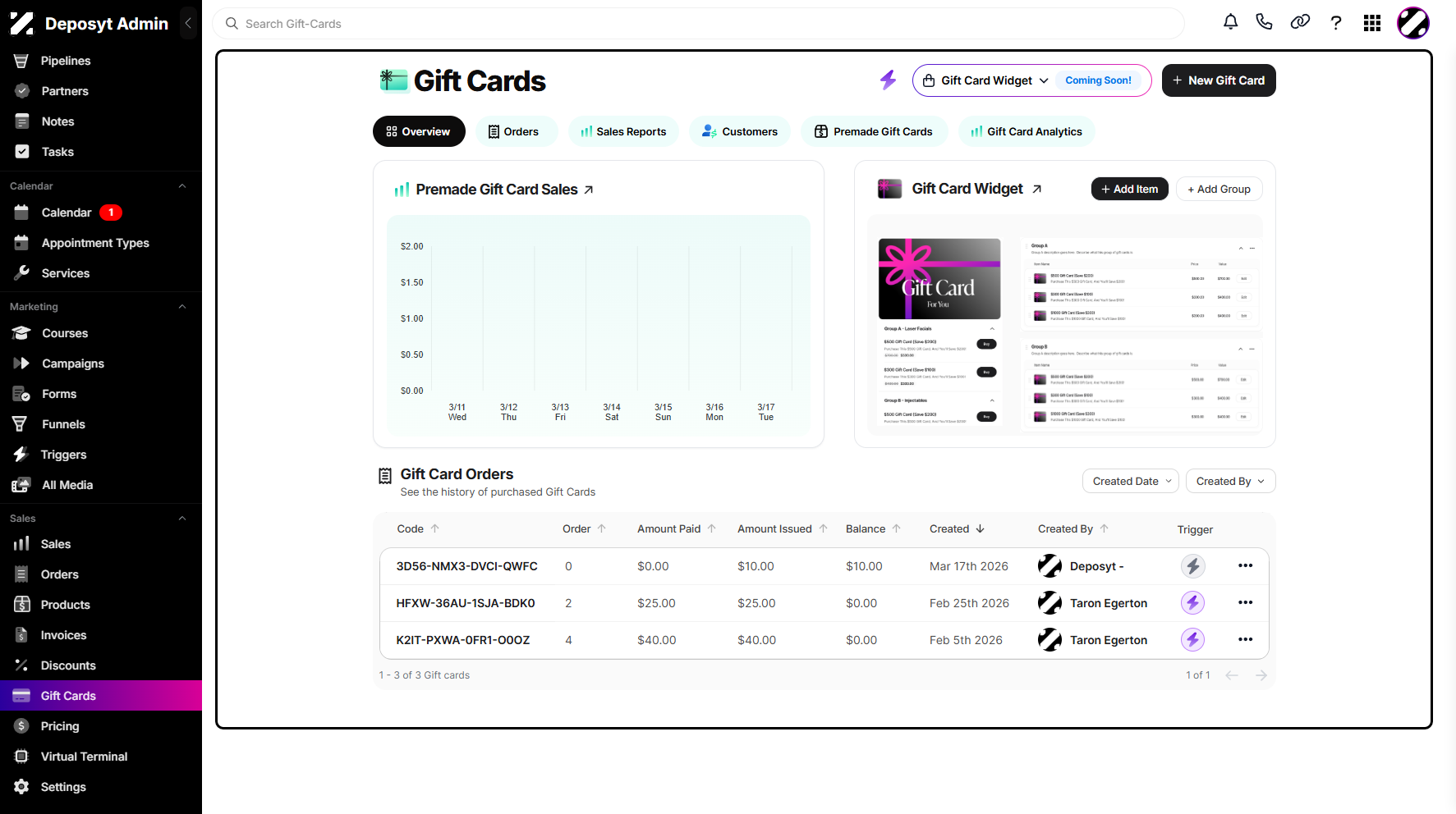 Step 2: You will then be navigated to the Gift Cards tab.