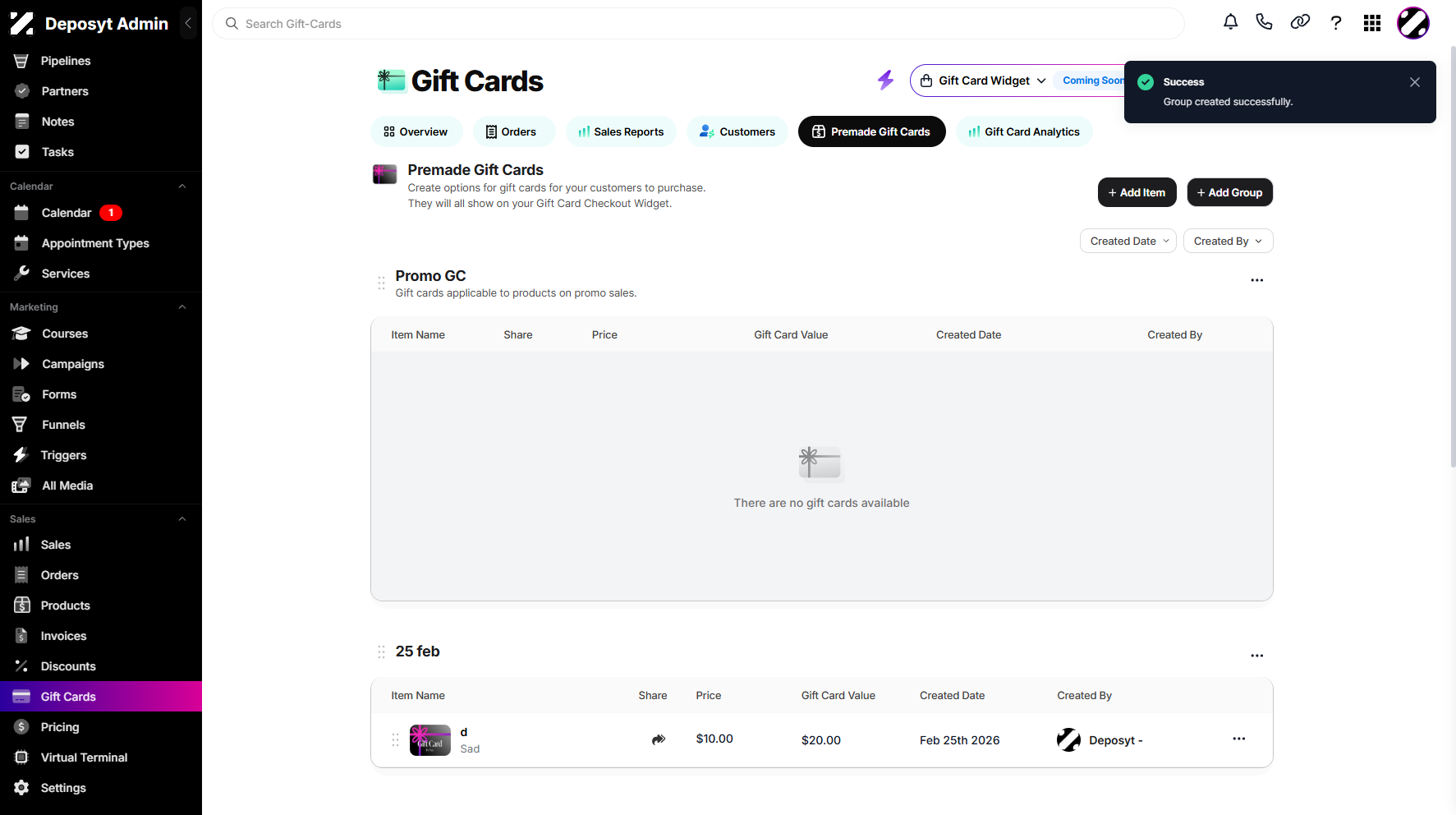 Step 8: You can now view your newly created group and a pop-up notification at the top.