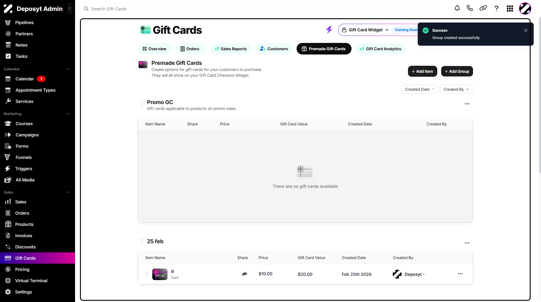 Step 8: You can now view your newly created group and a pop-up notification at the top.