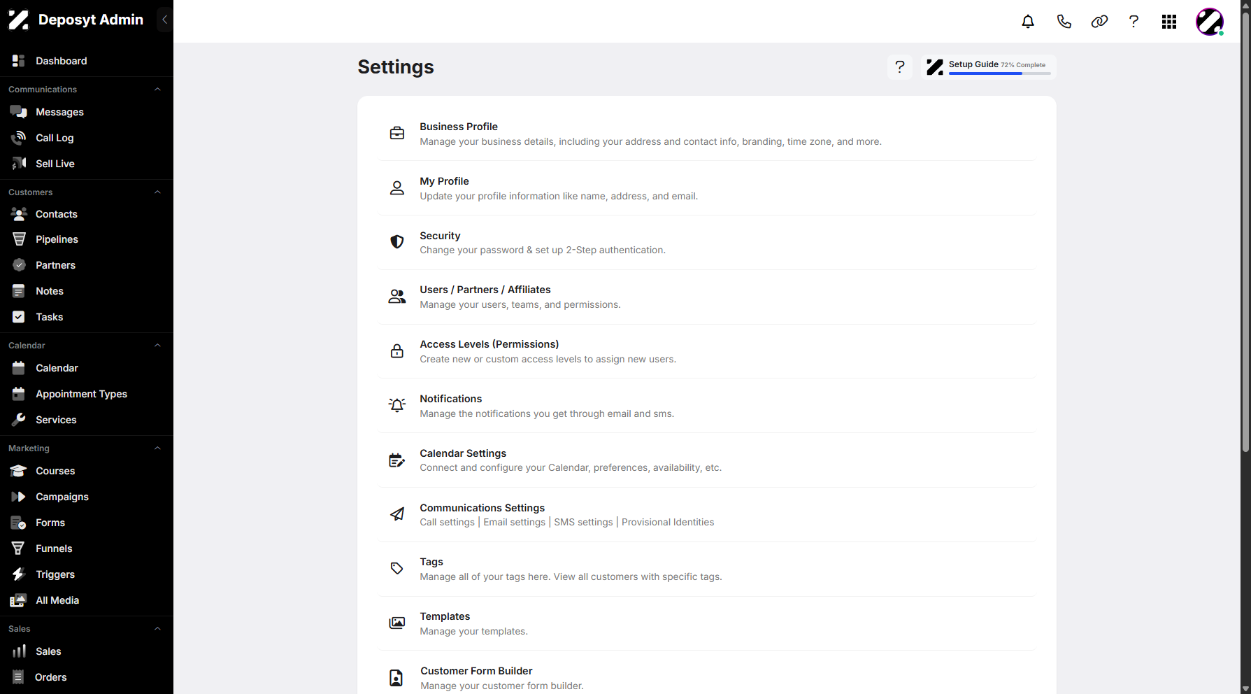 Step 4: You will then be navigated to the Settings page.