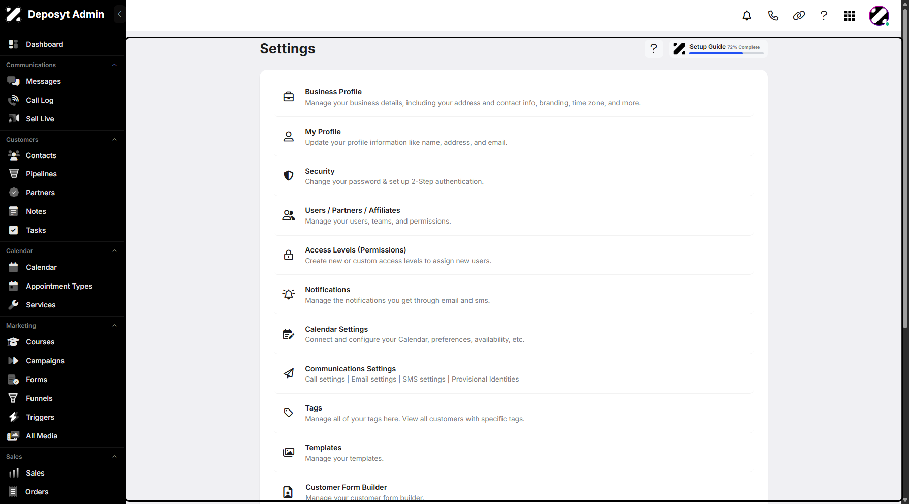 Step 4: You will then be navigated to the Settings page.