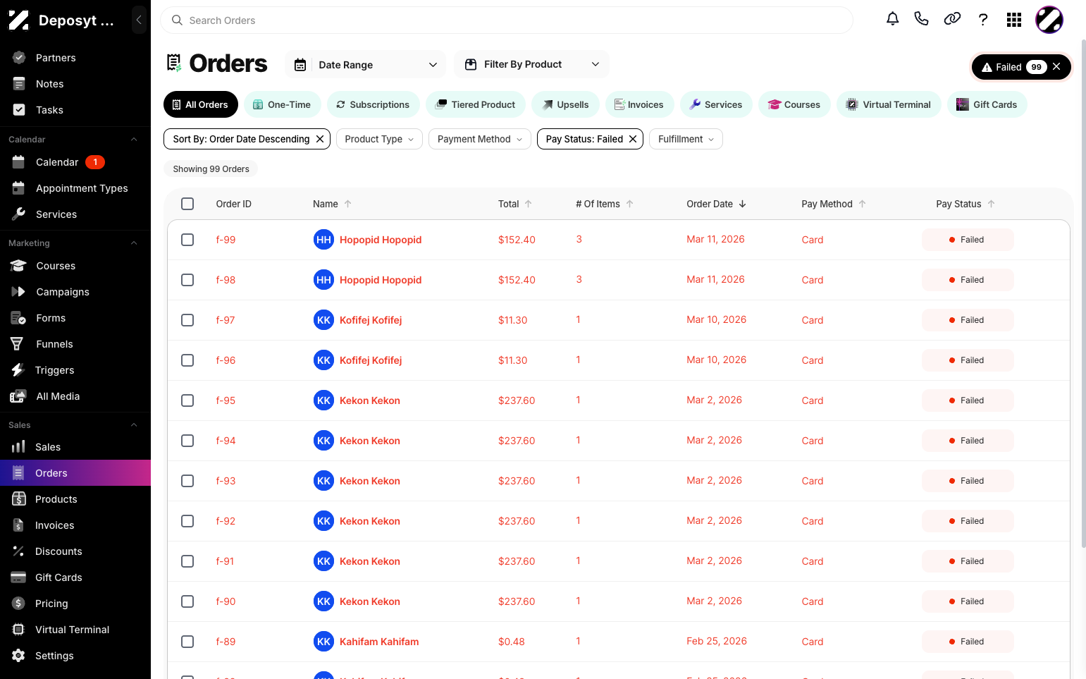 Step 3: By default, the All Orders tab is displayed. Click the Failed button to view Failed Orders. Here, you can see Order ID, Customer Name, Total Amount, Number of Items, Order Date, Payment Method, and Pay Status.
