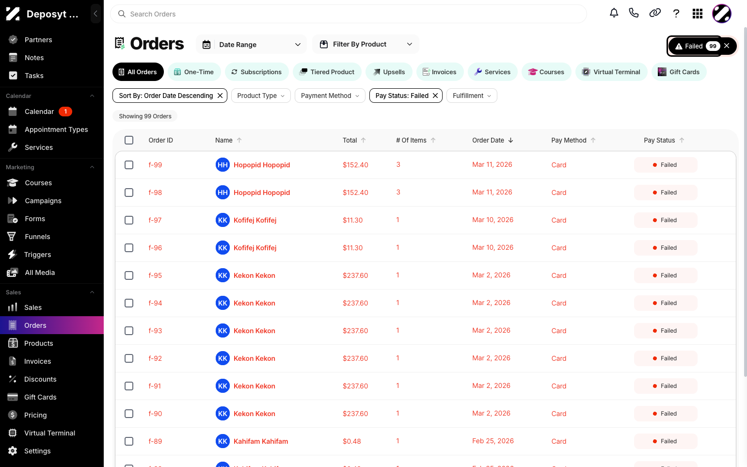 Step 3: By default, the All Orders tab is displayed. Click the Failed button to view Failed Orders. Here, you can see Order ID, Customer Name, Total Amount, Number of Items, Order Date, Payment Method, and Pay Status.