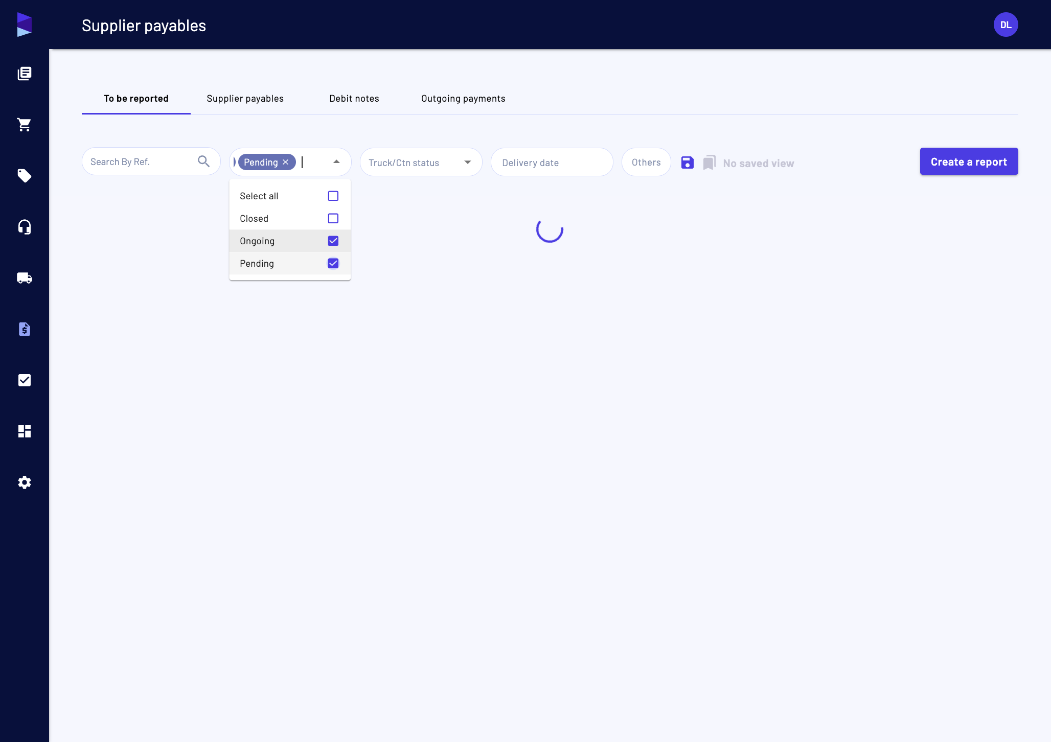 In the "Invoices & Payables" menu, access the "Supplier payables" or "Vendor payables" page. You can apply data manipulation tools, such as searching, grouping, sorting and filtering