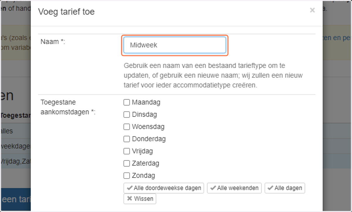 Geef je tarief een naam, zoals 'Per nacht' of 'Midweek'