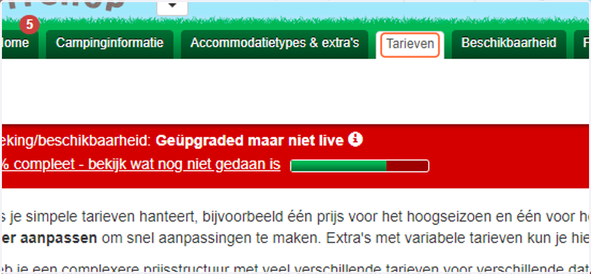 Log in op het beheerdersportaal en ga naar het tabblad Tarieven