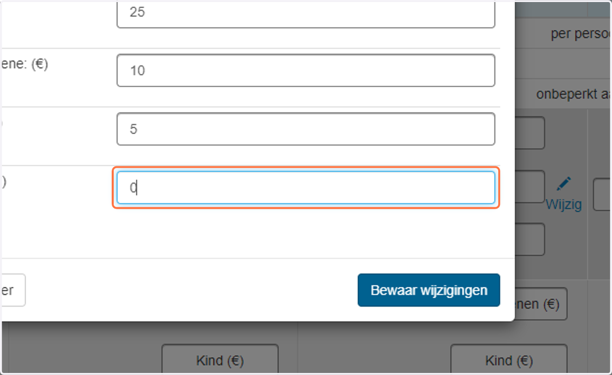 In sectie 2 'Periode & prijzen' vind je een raster met daaronder de namen van accommodatietypes en tarieven; klik op 'Wijzig' en voer de prijzen voor elk van de tarieven die je eerder hebt ingesteld in dit raster in