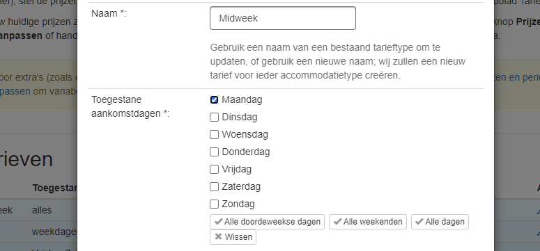 Selecteer de aankomstdagen waarop dit tarief van toepassing is